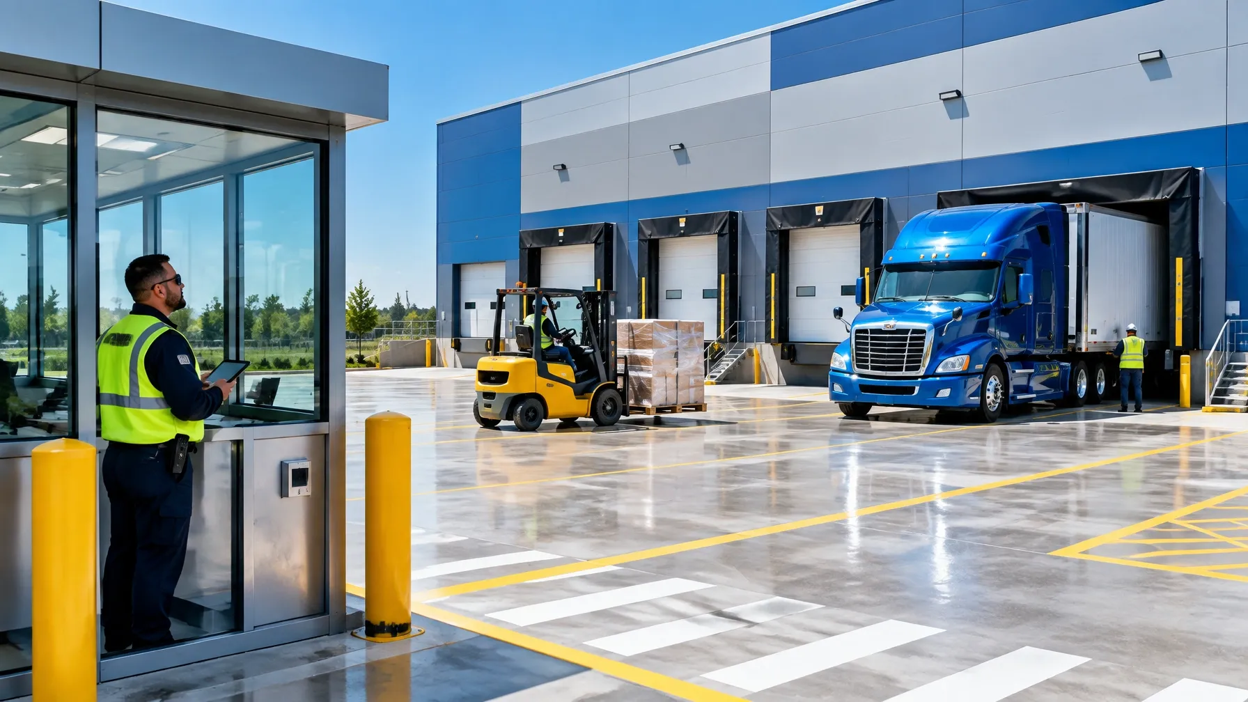 Guard checking in a truck at a guarded dock entrance