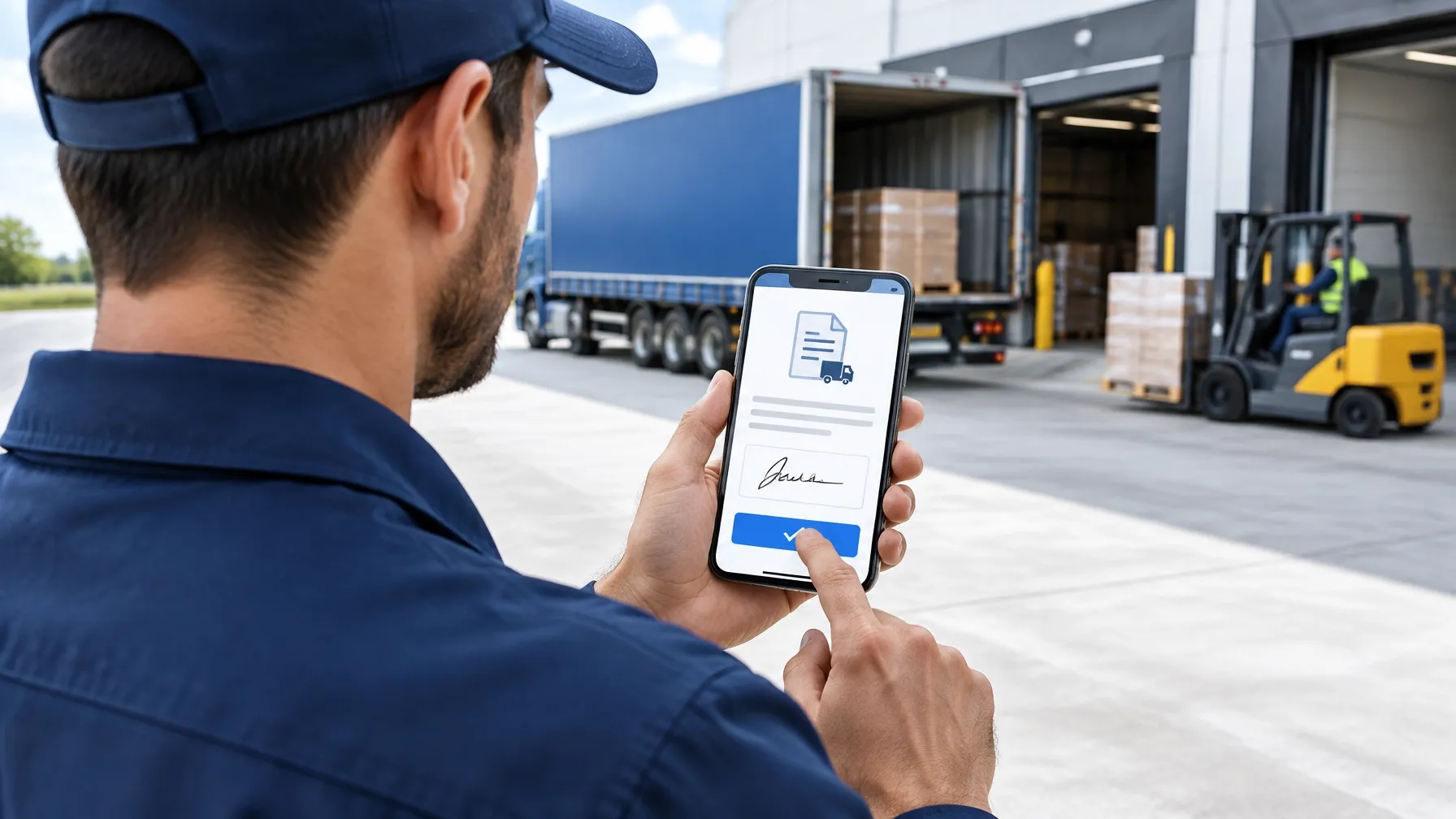Warehouse worker signing a bill of lading on a phone at a loading dock